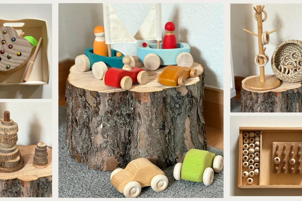 Eine Collage mit fünf verschiedenen Bildern. Auf den Bildern sind Kinder-Holzspielzeuge abgebildet.