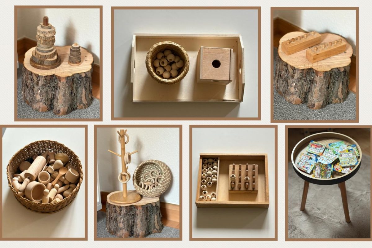 Eine Collage aus verschiedenen Bildern, die Kinder-Holzspielzeug zeigen.