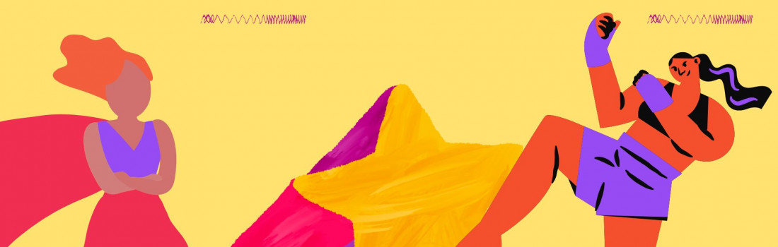 Die Grafik zeigt zwei Frauen und eine große Sternschnuppe in knalligen Farben. Die eine Frau trägt ein Superheldinnen-Cape, die andere Frau macht kraftvolle dynamische Kampfsportbewegungen.