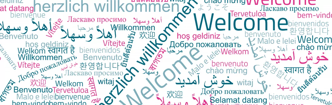 Abbildung des Wortes "Willkommen" in den 30 häufigsten Sprachen