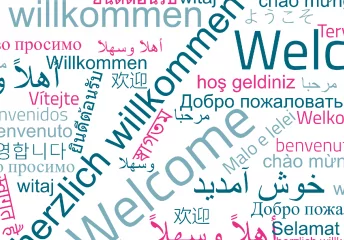 Abbildung des Wortes "Willkommen" in den 30 häufigsten Sprachen