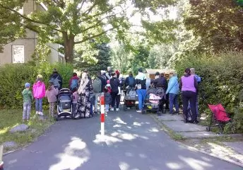Eine Gruppe von Erwachsenen und Kindern läuft gemeinsam auf einem Spazierwegs in die Natur. Einige Personen haben Kinderwagen bei sich. Die Sonne scheint durch Blätter.