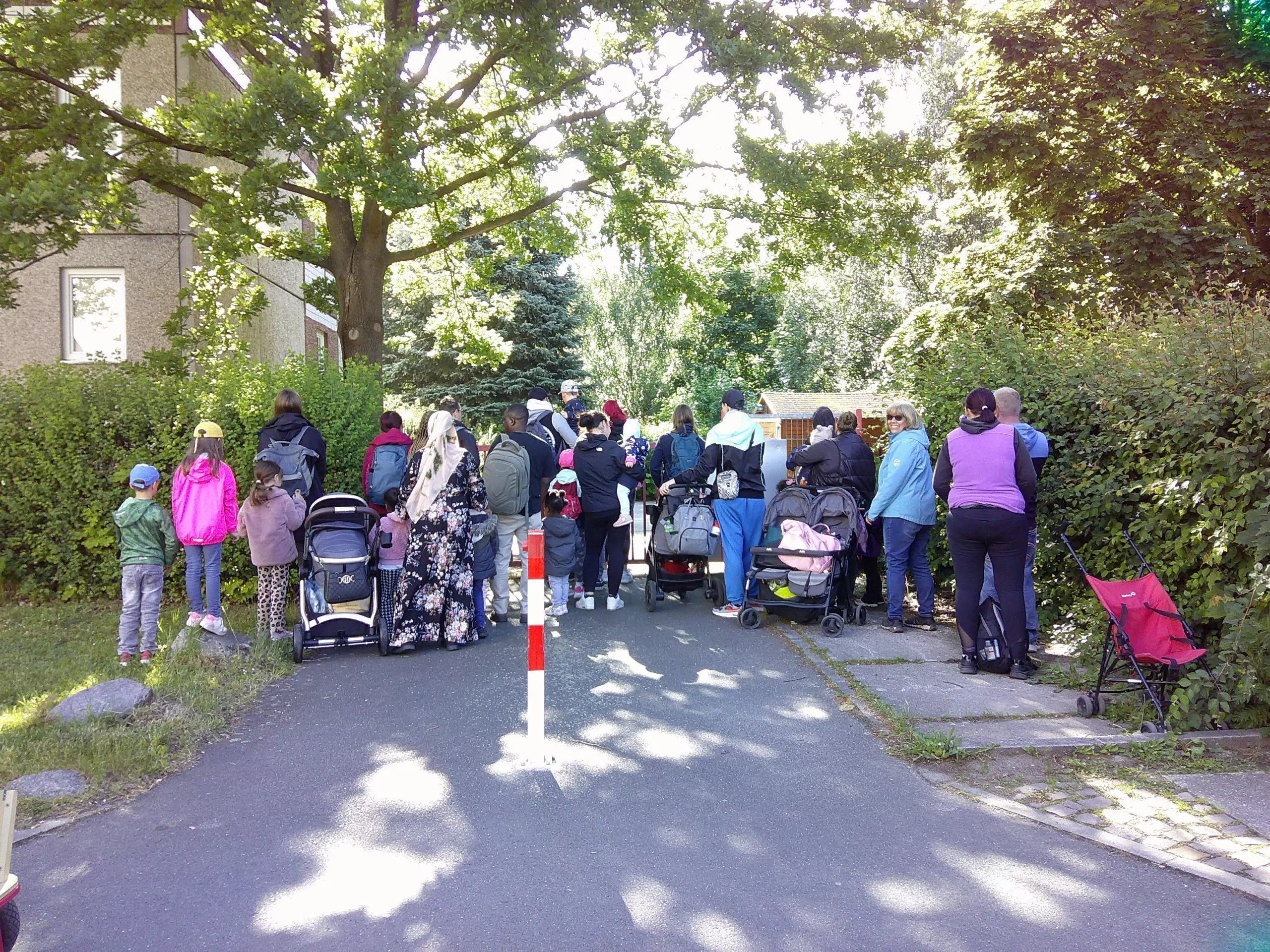 Eine Gruppe von Erwachsenen und Kindern läuft gemeinsam auf einem Spazierwegs in die Natur. Einige Personen haben Kinderwagen bei sich. Die Sonne scheint durch Blätter.