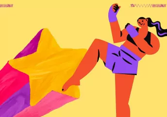 Die Grafik zeigt zwei Frauen und eine große Sternschnuppe in knalligen Farben. Die eine Frau trägt ein Superheldinnen-Cape, die andere Frau macht kraftvolle dynamische Kampfsportbewegungen.