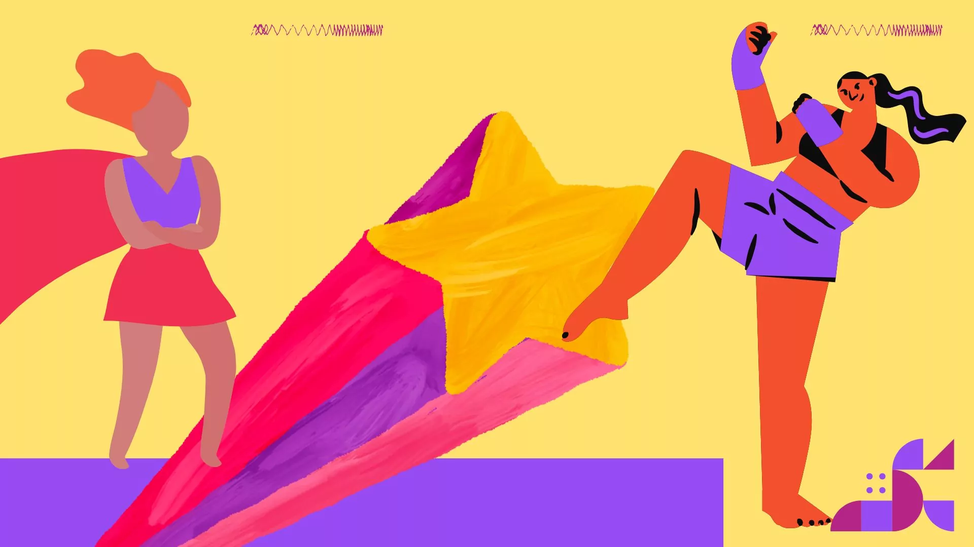 Die Grafik zeigt zwei Frauen und eine große Sternschnuppe in knalligen Farben. Die eine Frau trägt ein Superheldinnen-Cape, die andere Frau macht kraftvolle dynamische Kampfsportbewegungen.